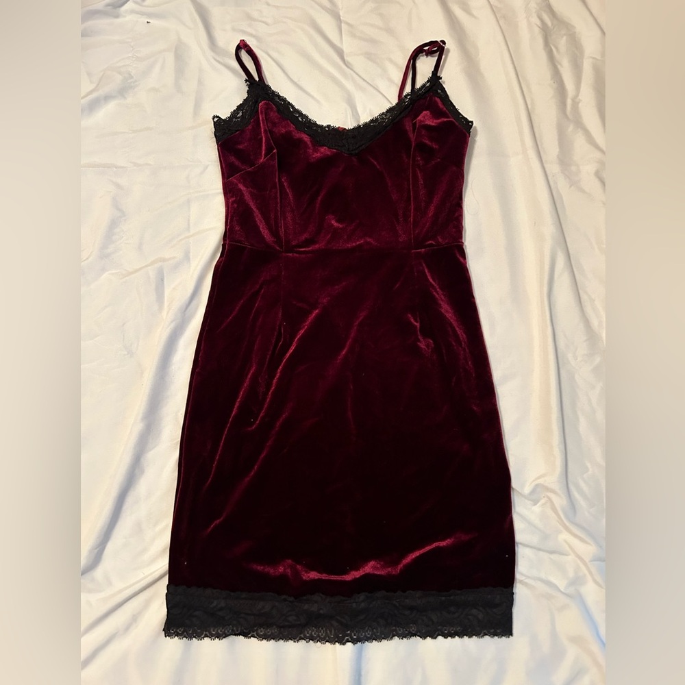 Gothic Red Velvet Dress with Black Lace Size S